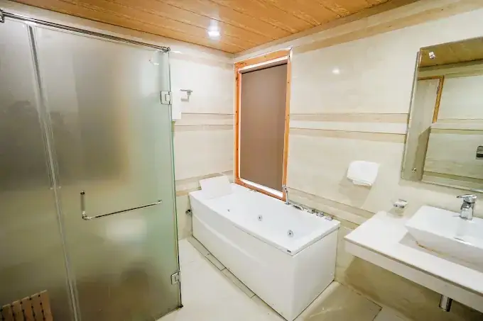 Marble bathroom with jacuzzi tub and walk-in shower