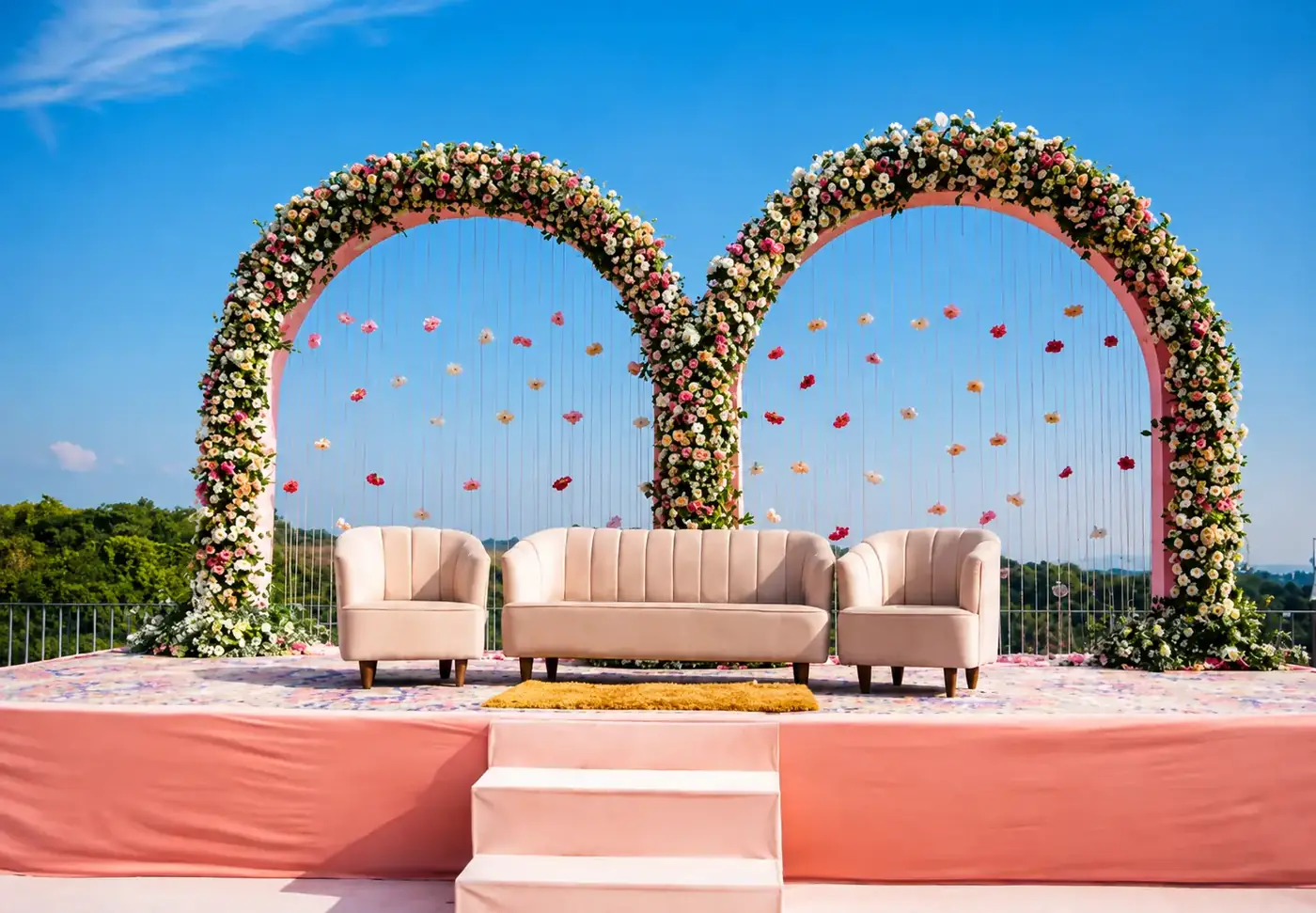 Floral heart-shaped wedding stage with elegant seating at Spring Hill Resort